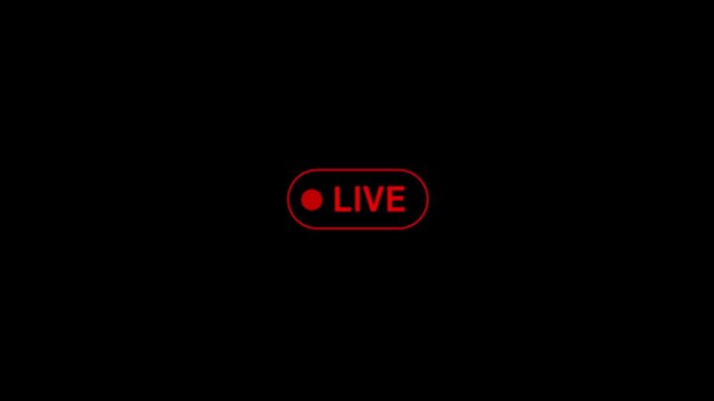 Animation of live button with transparent background, 4k black background icon animation, live streaming and broadcasting with alpha channel.