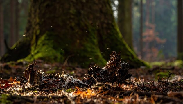 Tiny gnats swarm around decaying organic matter at the base of a moss-covered tree in a sunlit forest