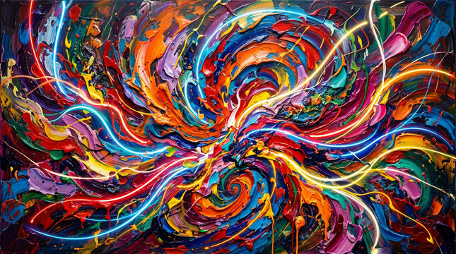 Vibrant abstract swirling colors in dynamic fluid art with synesthetic sensory patterns