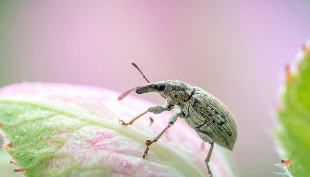 Close-up of a weevil insect exploring the delicate surface of a pink flower petal with intricate details magnified