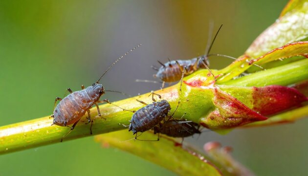Cluster of Waxy Coated Aphids on Young Plant Shoots Captured in Macro Detail
