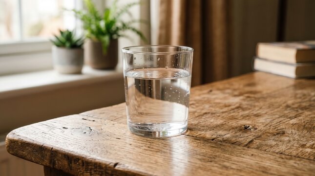 Glass of water on rustic wooden table