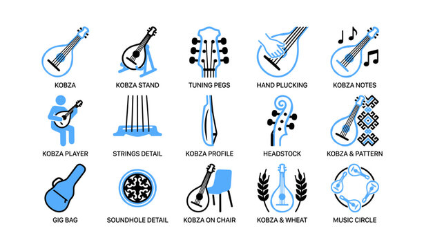 Kobza icons showing instrument parts and playing on white background