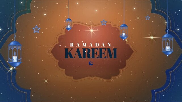 Elegant Copper Ramadan Kareem greeting card design, Ramadan Kareem with lanterns and glowing stars