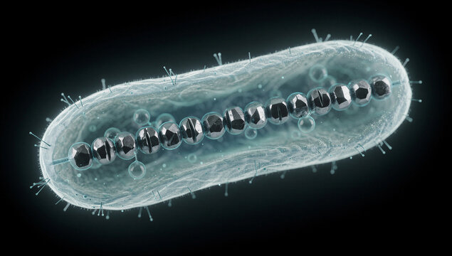 Scientific 3D Illustration of Magnetotactic Bacteria Cell with Chain of Metallic Magnetite Crystal Particles and Flagella on Dark Black Background, Microbiology and Nanotechnology Science Concept Art