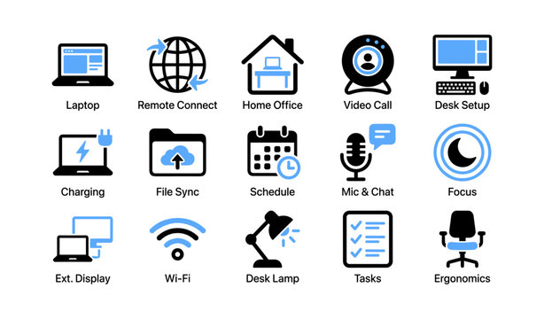 Icons of remote work and desk setup in grid layout