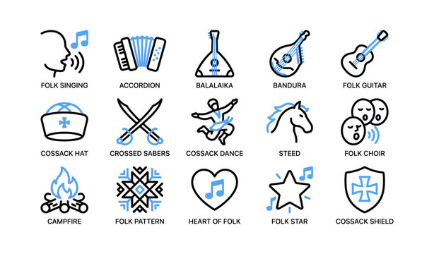 Folk and cossack icons showing music and cultural symbols