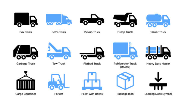 Logistics vehicle and cargo icons arranged on white background