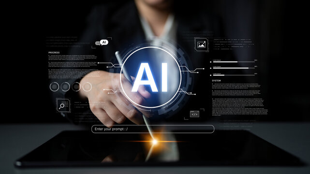 A futuristic interface for a generative AI system. A developer enters a prompt to initiate coding, data processing, and monitor the system's progress and performance. Fermion