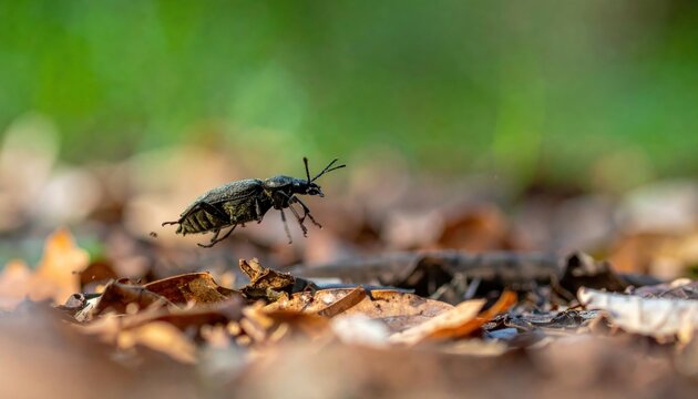 A swift rove beetle darts through a forest floor covered in fallen leaves, captured in a detailed macro