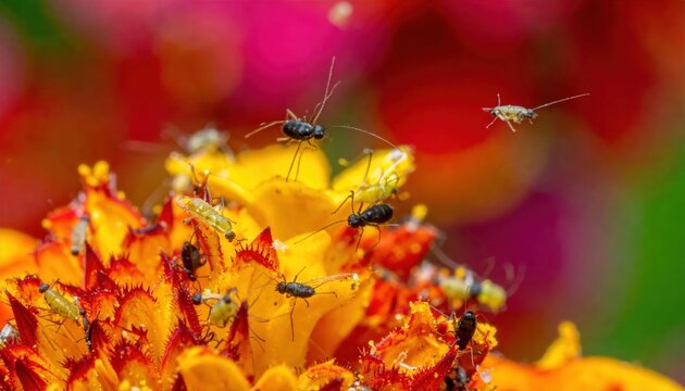 A swarm of tiny thrips insects covers a vibrant orange and yellow flower's petals, revealed in extreme macro detail.
