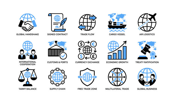 Global trade icons illustrating logistics and cooperation