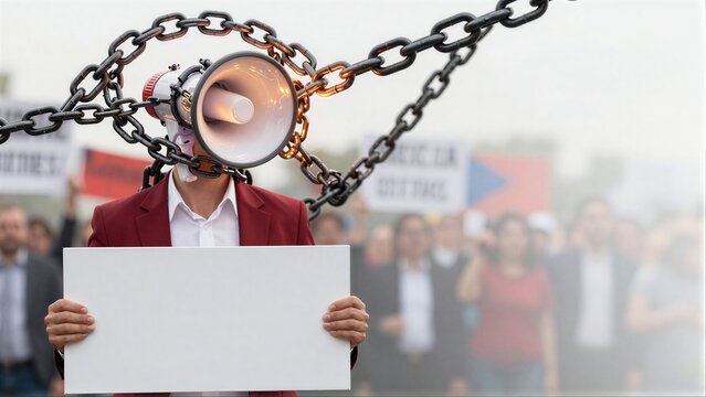 Protestor with megaphone chained, holding blank sign amid crowd.