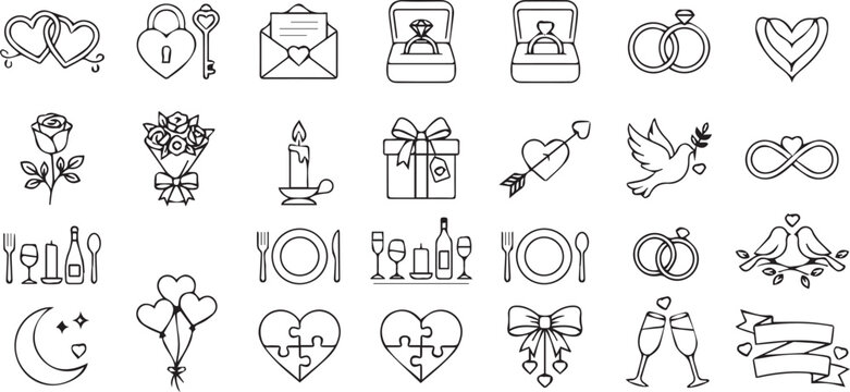 National Couple's Day Romantic Love and Partnership Icon Set Minimal Line Art Vector Collection