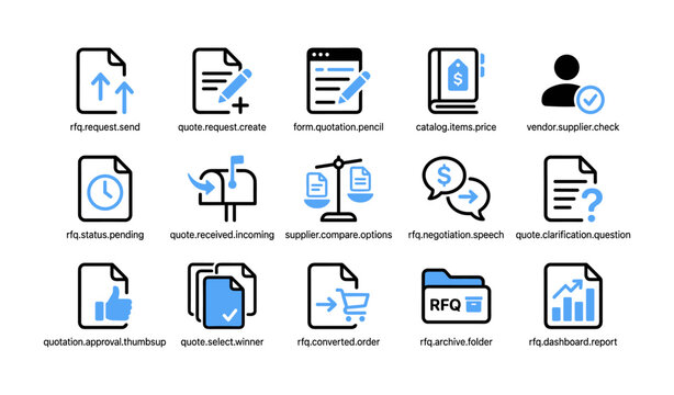 Procurement icons showing request for quotation and supplier actions