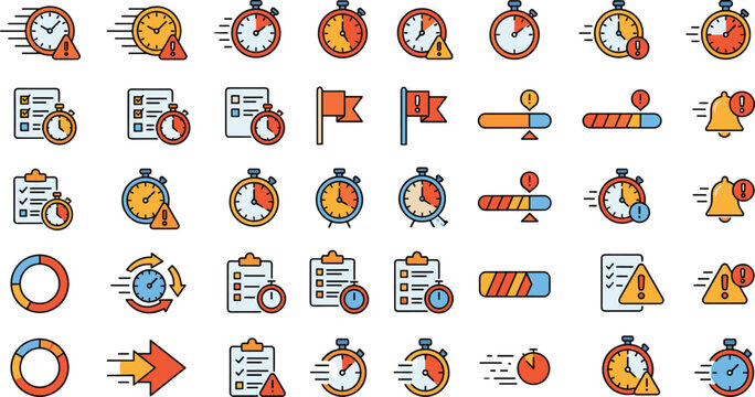 Time limit and deadline management tracking icons set including countdown stopwatch alert bells progress bars vector line illustration