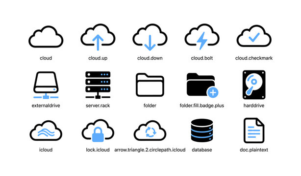 Collection of cloud storage and server icons with labels