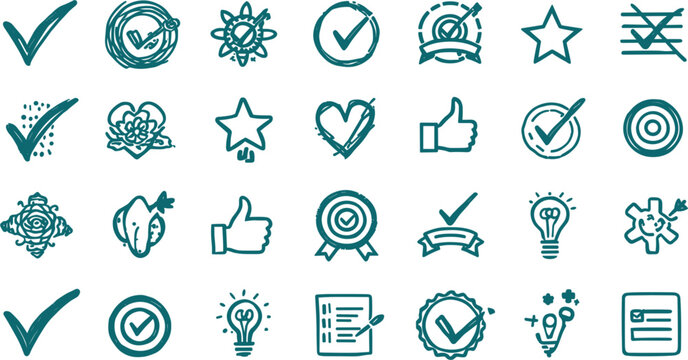 Hand Drawn Success and Approval Icon Set with Checkmarks, Targets, Thumbs Up, Stars, Hearts, and Badges for Business Evaluation and Positive Feedback