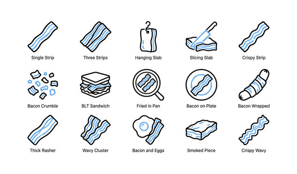 Bacon illustrations showing cuts, cooking methods and serving options