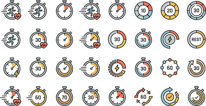 Fitness workout intervals and sports training timer icons set including running stopwatch hiit countdown line vector illustration