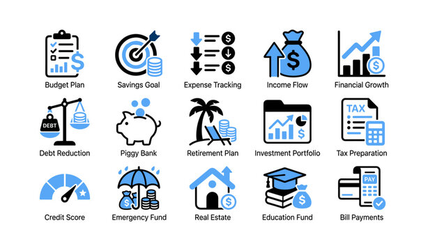 Financial planning and money management icons on white background