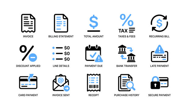 Invoice and payment icons arranged in labeled grid on white background