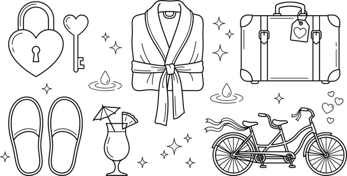 Romantic honeymoon spa resort travel and hotel vacation icon set line art vector illustration isolated on white background