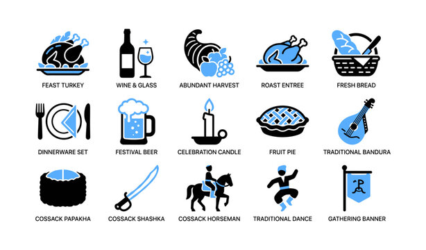 Festival food and cultural icons arranged in white grid layout