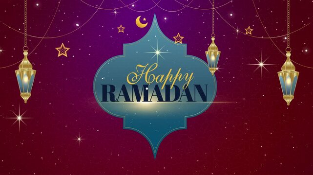 Happy Ramadan festive background with gold lanterns and sparkling stars. dark color tones