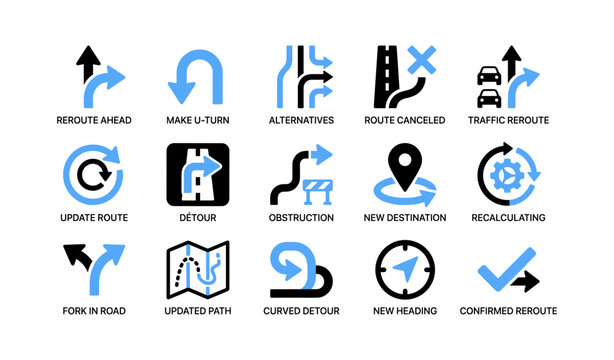 Navigation reroute icons showing detours and route updates