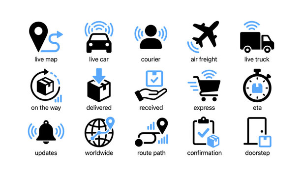 Delivery and live tracking icons showing shipment status on white