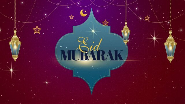 Eid Mubarak festive background with gold lanterns and sparkling stars. dark color tones