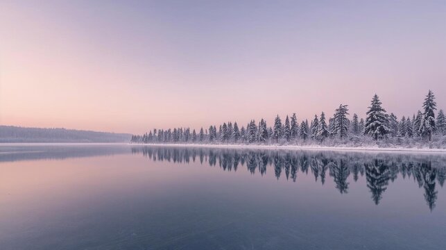  Scandinavian minimalist winter landscape at dawn. In the foreground, a perfectly still, frozen lake reflects a pastel pink and lavender sky. Along the shoreline, perfectly spaced pine trees dusted wi