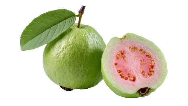 Isolated fresh green guava fruit with leaf and a sliced pink guava half with seeds