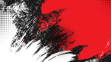 Fototapeta premium Abstract grunge background with red and white paint brush strokes and halftone pattern, vector