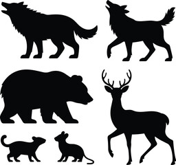 Fototapeta premium Collection of black wild animal silhouettes featuring howling wolves bear deer with antlers and small forest wildlife icons