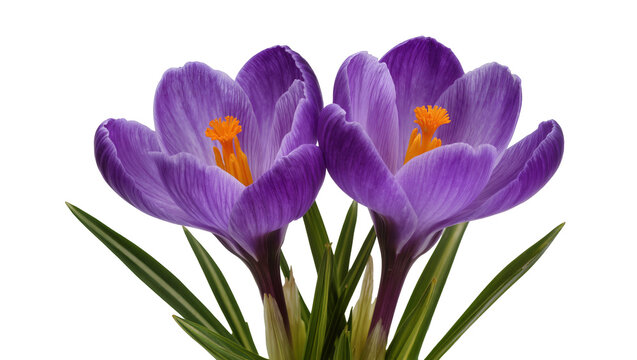 Isolated vibrant blooming purple crocus flowers with green leaves representing spring season