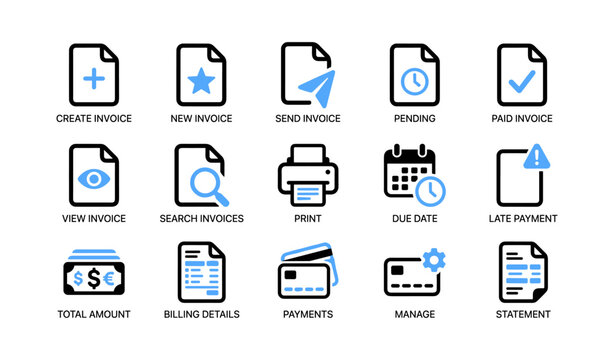 Invoice and payment icons for billing, printing and due dates