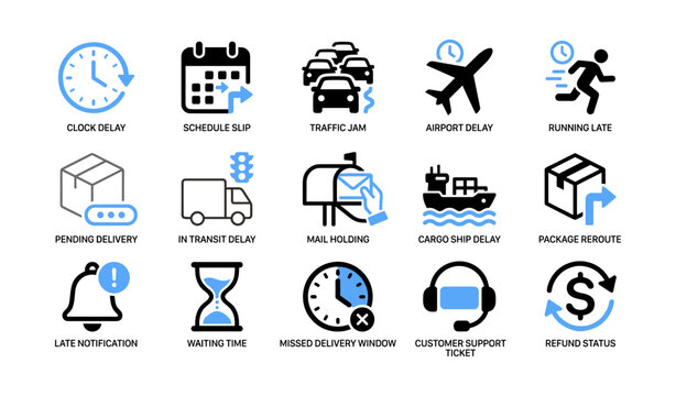 Delivery delay icons showing delay reasons on white background
