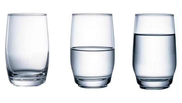 Isolated three drinking glasses, empty, half full, and full with refreshing water.