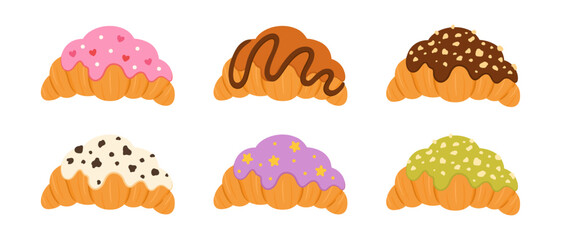 Sweet croissant vector set with different glazes and toppings. French pastry collection with chocolate, pistachio nuts, pink berry icing, caramel drizzle, vanilla and purple frosting. © Mila