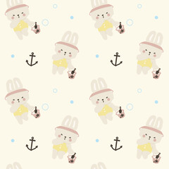 Obraz premium Seamless pattern preppy retro bunny rabbit with bucket and anchor