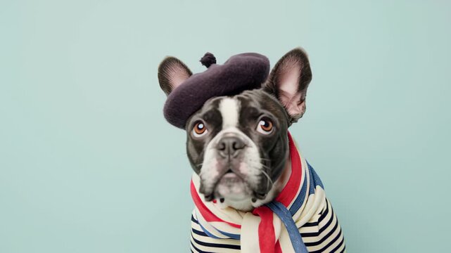 French bulldog in striped outfit and beret on light blue background