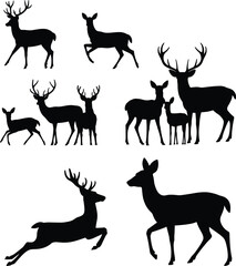 Naklejka premium Collection of deer silhouettes featuring stag with antlers doe and fawn in various poses like running and standing isolated on white background