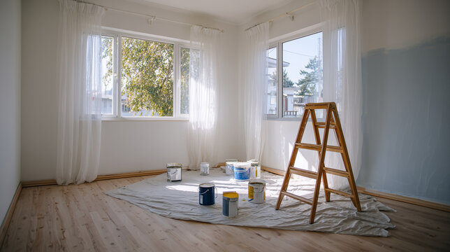 Empty living room mid-painting with wooden stepladder and blue paint by sunlit corner windows