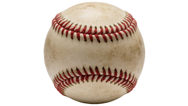 Isolated authentic worn baseball with classic red stitching, well-used sports equipment.