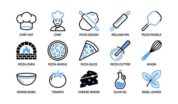 Grid of pizza and kitchen icons representing ingredients and tools