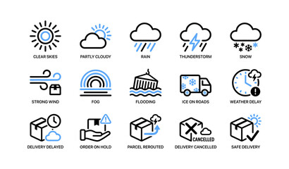 Fototapeta premium Weather and delivery status icons displayed in grid on white
