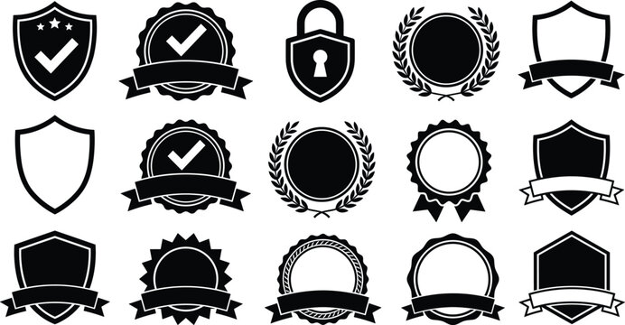 Shield ribbon badge vector seal icon set premium quality assurance security certificate stamp black silhouette empty blank template