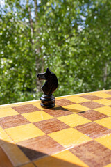 A black chess knight stands on the very edge of a wooden board against a green tree background, representing the concept of risk, danger, and crucial decisions. © PuzzleSoul